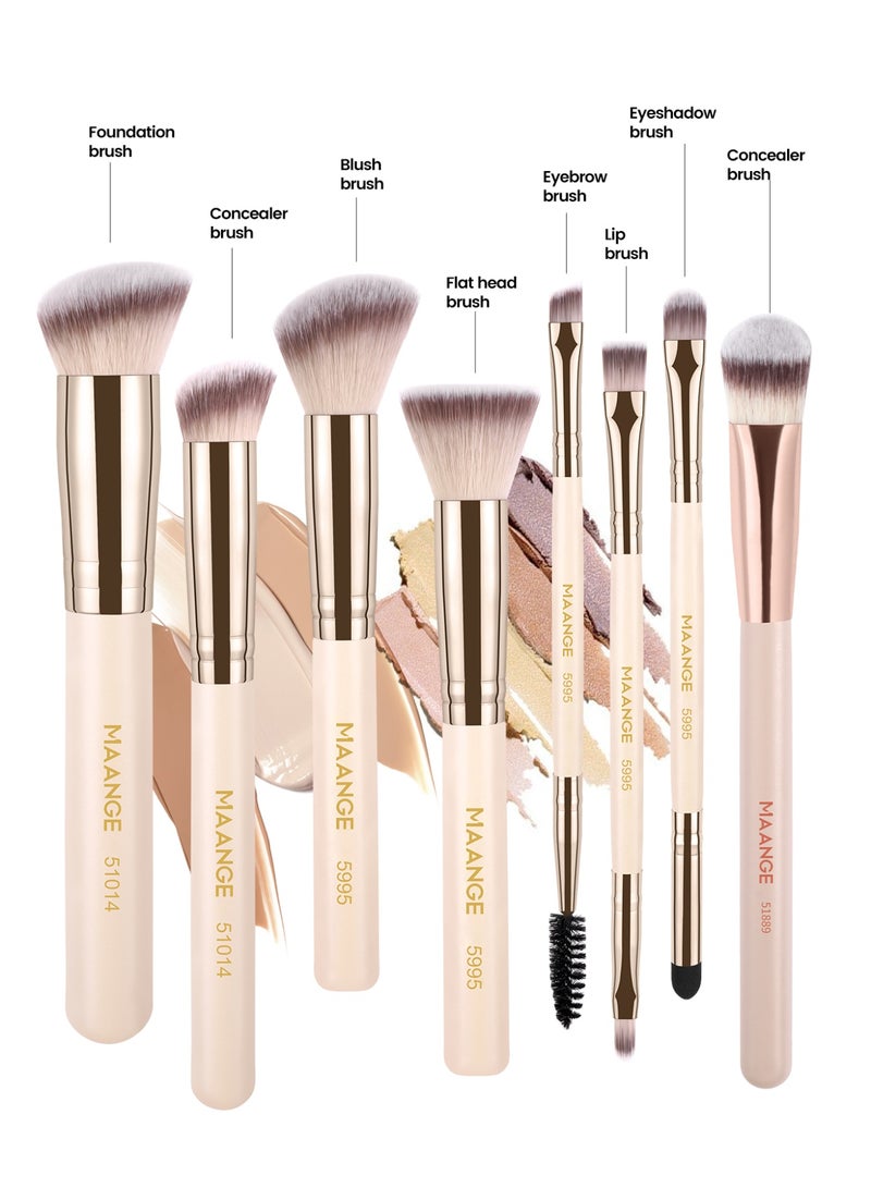 MAANGE 8 قطع فرش مكياج، فرشاة بودرة، فرشاة أحمر خدود، فرش مكياج من مواد صناعية ممتازة، فرش أساس، بودرة، خافي عيوب، ظلال عيون، بيج - Image 4