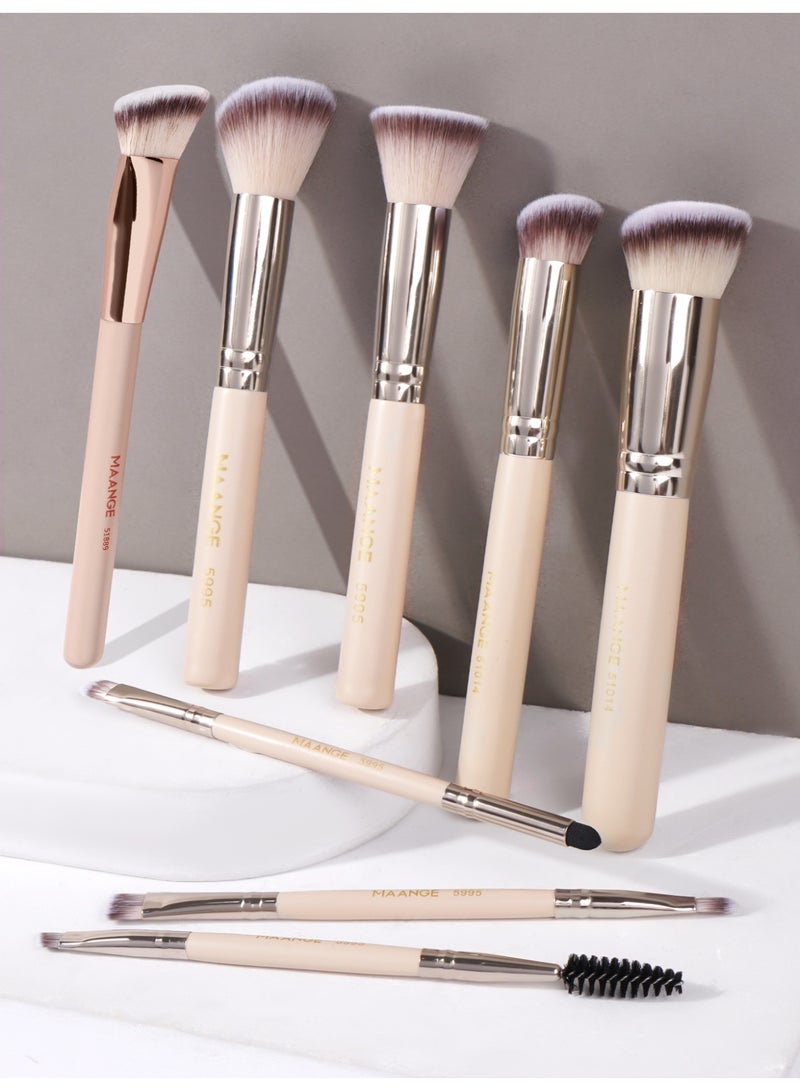 MAANGE 8 قطع فرش مكياج، فرشاة بودرة، فرشاة أحمر خدود، فرش مكياج من مواد صناعية ممتازة، فرش أساس، بودرة، خافي عيوب، ظلال عيون، بيج - Image 1