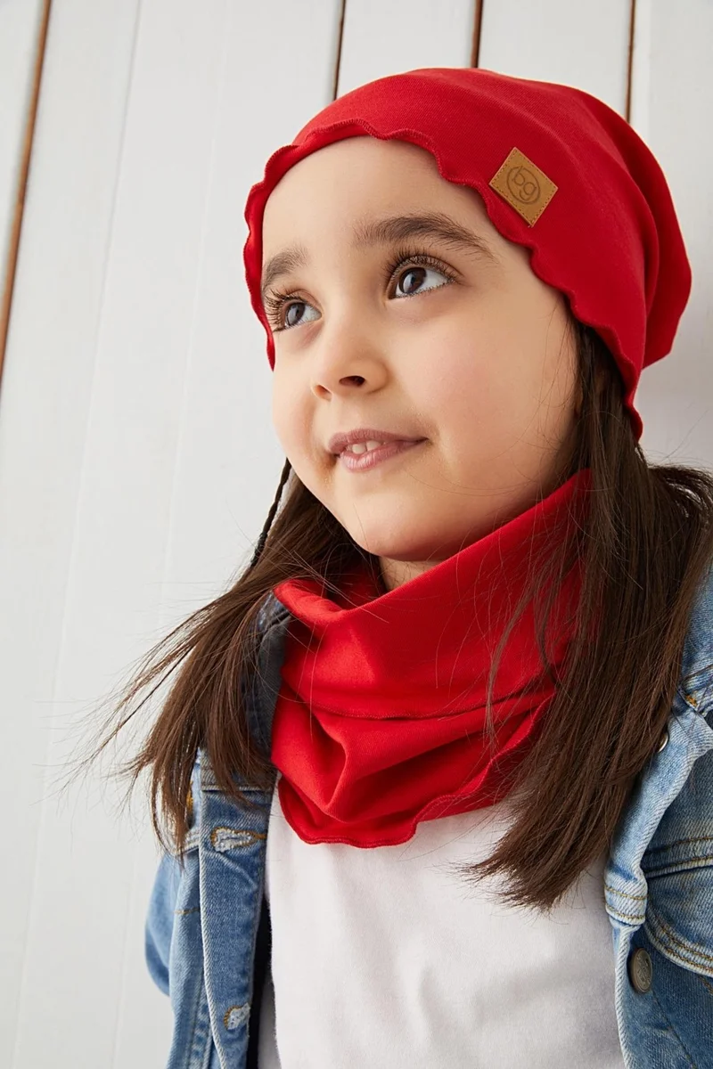 بيبيجيز Red Baby Girl Beanie Neck Collar Set Soft 100% Cotton Combed Cotton Trend Series
