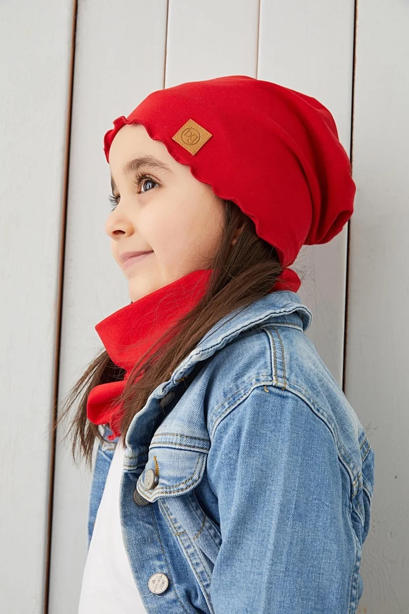 بيبيجيز Red Baby Girl Beanie Neck Collar Set Soft 100% Cotton Combed Cotton Trend Series