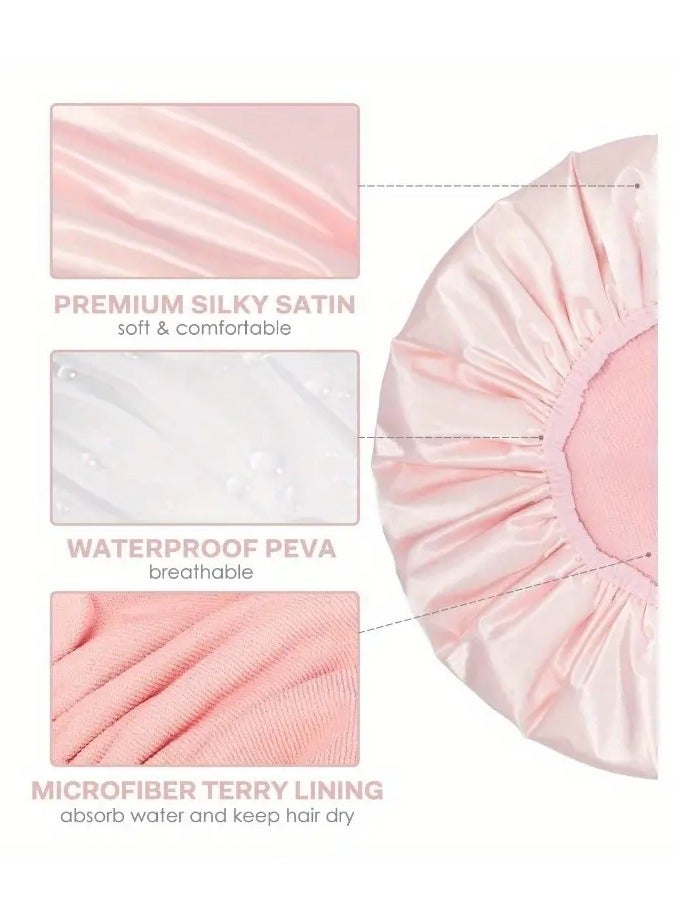 Goolsky غطاء دش ساتان فاخر للنساء - غطاء شعر ميكروفايبر ثلاثي الطبقات سريع الجفاف، غطاء استحمام مقاوم للماء، غطاء حرارة للتكييف - قابل لإعادة الاستخدام وصديق للبيئة - مقاس كبير - Image 3