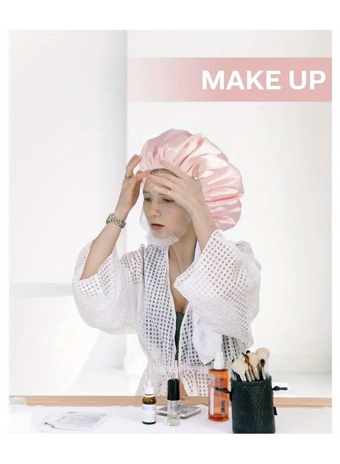 Goolsky غطاء دش ساتان فاخر للنساء - غطاء شعر ميكروفايبر ثلاثي الطبقات سريع الجفاف، غطاء استحمام مقاوم للماء، غطاء حرارة للتكييف - قابل لإعادة الاستخدام وصديق للبيئة - مقاس كبير - Image 2