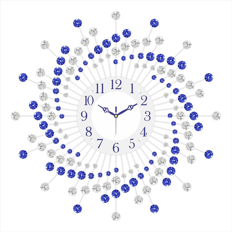 CHRONIKLE Beautiful Crystal Analog Floral Design Round Diamond Studded Metal Wall Clock for Living Room Home Decor Office Gifts Size 60 x 5 x 60 CM Color Blue White Weight 1460 Gram - Image 1