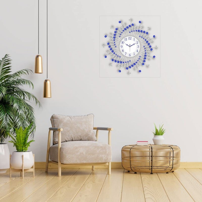 CHRONIKLE Beautiful Crystal Analog Floral Design Round Diamond Studded Metal Wall Clock for Living Room Home Decor Office Gifts Size 60 x 5 x 60 CM Color Blue White Weight 1460 Gram - Image 2