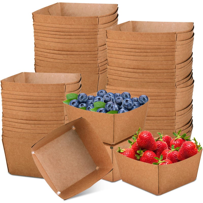 100 Pieces Large Size Berry Baskets 6 Inches Strong Kraft Paper Strawberry Baskets Berry Containers Box for Fruit Food Market Grocery Stores Backyard Party Farmer Market Supplies Brown