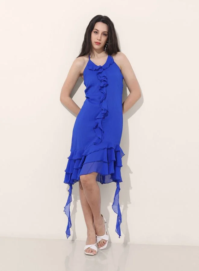 Women Regular Fit Solid Halter Neck Sleeveless Ruffle Dress