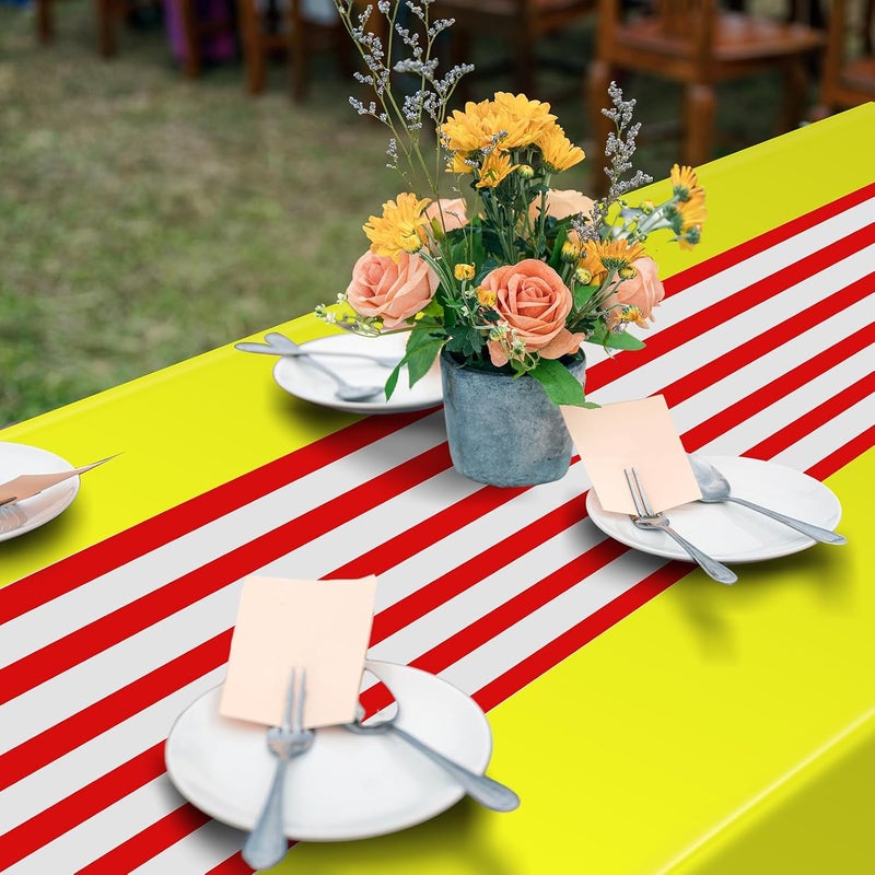 Oudain 6 Pcs Striped Tablecloth 108 x 54 Inch Rectangle Table Cover Disposable Plastic Table Cloth Waterproof Tablecloth Plastic Table Cover for Birthday Wedding Bridal (Red White Yellow) - Image 5