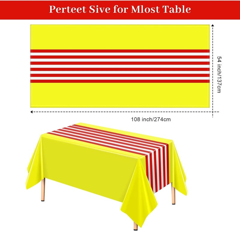 Oudain 6 Pcs Striped Tablecloth 108 x 54 Inch Rectangle Table Cover Disposable Plastic Table Cloth Waterproof Tablecloth Plastic Table Cover for Birthday Wedding Bridal (Red White Yellow) - Image 2