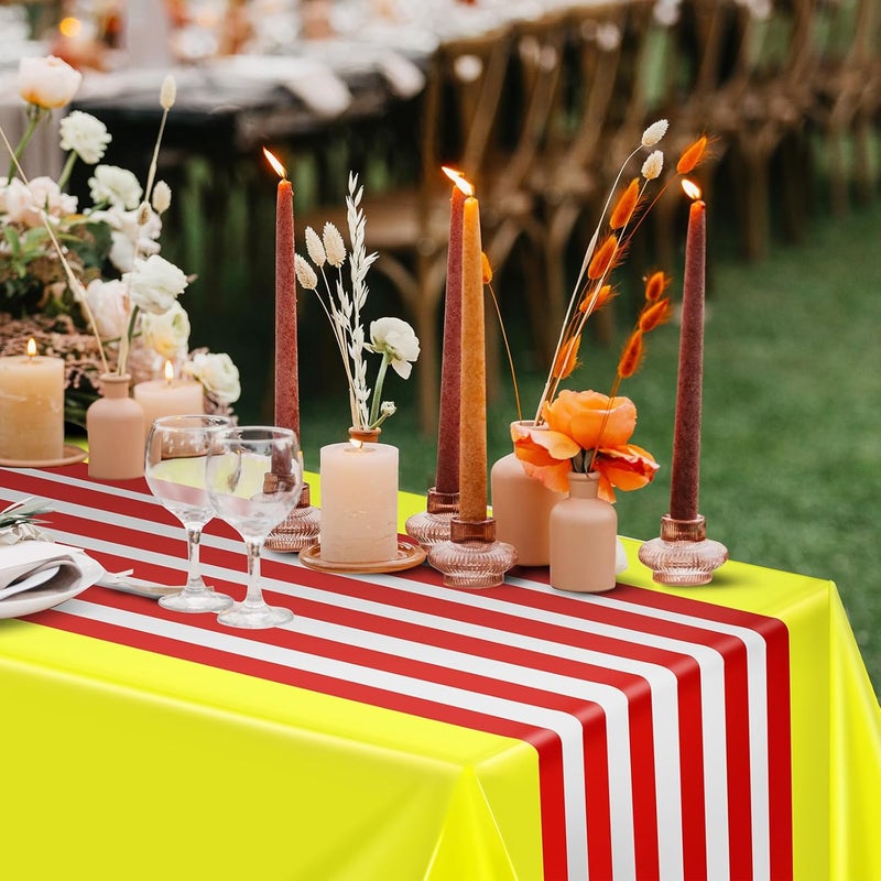 Oudain 6 Pcs Striped Tablecloth 108 x 54 Inch Rectangle Table Cover Disposable Plastic Table Cloth Waterproof Tablecloth Plastic Table Cover for Birthday Wedding Bridal (Red White Yellow) - Image 4