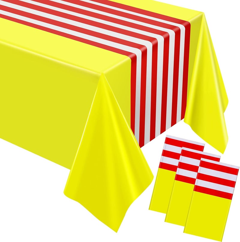 Oudain 6 Pcs Striped Tablecloth 108 x 54 Inch Rectangle Table Cover Disposable Plastic Table Cloth Waterproof Tablecloth Plastic Table Cover for Birthday Wedding Bridal (Red White Yellow) - Image 1