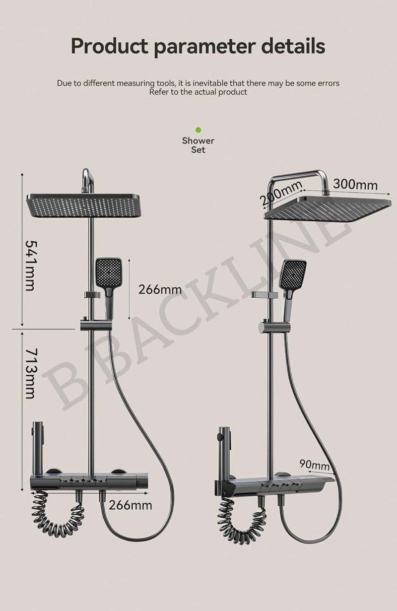 B BACKLINE لوحة استحمام فاخرة للحمام مجموعة كاملة زر بيانو 4 وظائف خلاط حراري نظام استحمام ساخن وبارد، دش يدوي | دش علوي | رذاذ نفاث، دش للحمامات (رمادي غامق) - Image 5