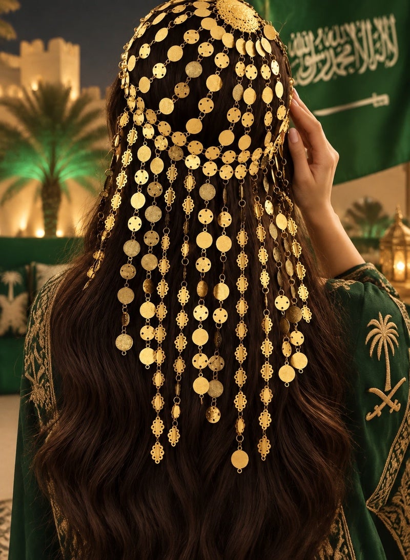 زينة اليوم الوطني السعودي سلسلة رأس ذهبية بتصميم عملات متدلية – إكسسوار يوم التاسيس  اكسسوار تشعر فاخر
مناسب لاحتفالات و زينه اليوم الوطني السعودي - Image 1