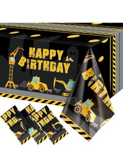 Tatuo Construction Happy Birthday Tablecloth Dump Truck Birthday Table Covers Tractor Plastic Printed Tablecloth Construction Themed Birthday Party Decoration Supplies For Kid Boy (Black 3 Sheets)  - Image 1