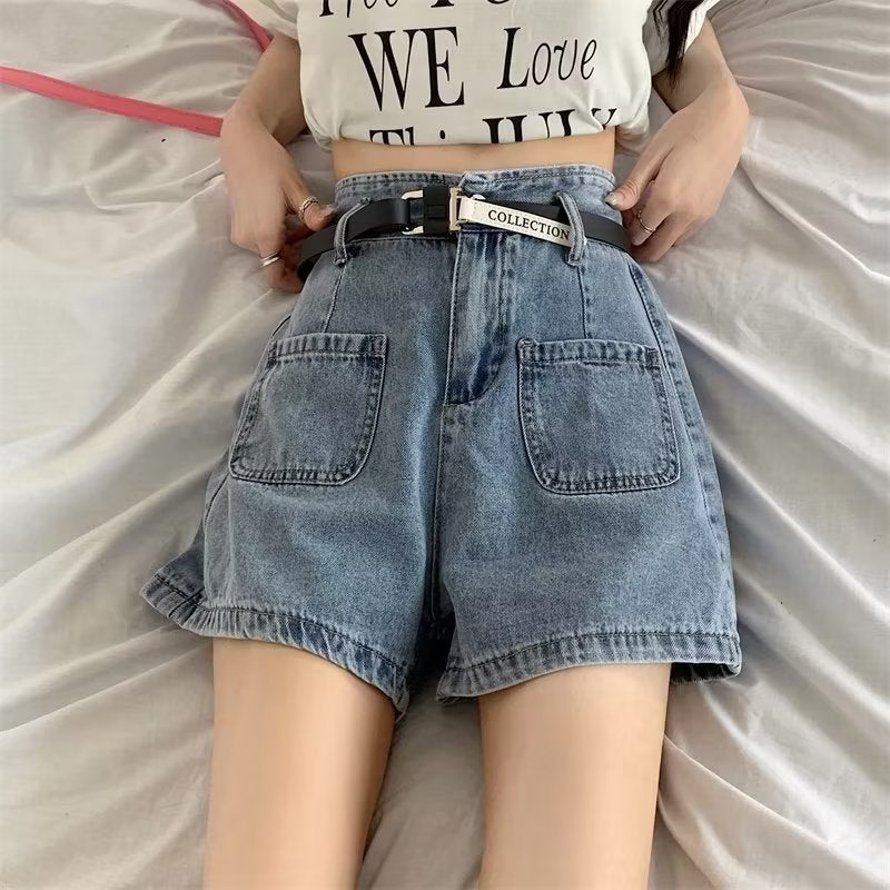 High Waist Denim Shorts Women's Summer New Large Size Fat Girl Loose Slim Belly Covering Design A- line Hot Pants