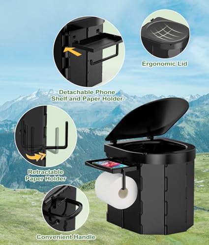 PAHTTO Portable Camping Toilet, Collapsible Porta Potty for Adults with Soft Cushion, Car Travel Toilets with Detachable Toilet Paper Holder and Phone Shelf for Outdoor, Hiking, Beach, Road Trips, RV - Image 2