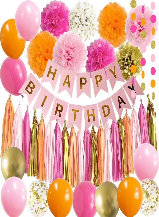 ANSOMO Pink and Orange Happy Birthday Party Decorations Hot Pink Gold Banner Balloons Décor Supplies Women Girls Teens Her Tassel Garland Tissue Pom Poms - Image 1