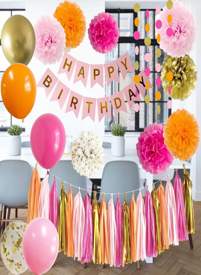 ANSOMO Pink and Orange Happy Birthday Party Decorations Hot Pink Gold Banner Balloons Décor Supplies Women Girls Teens Her Tassel Garland Tissue Pom Poms - Image 3