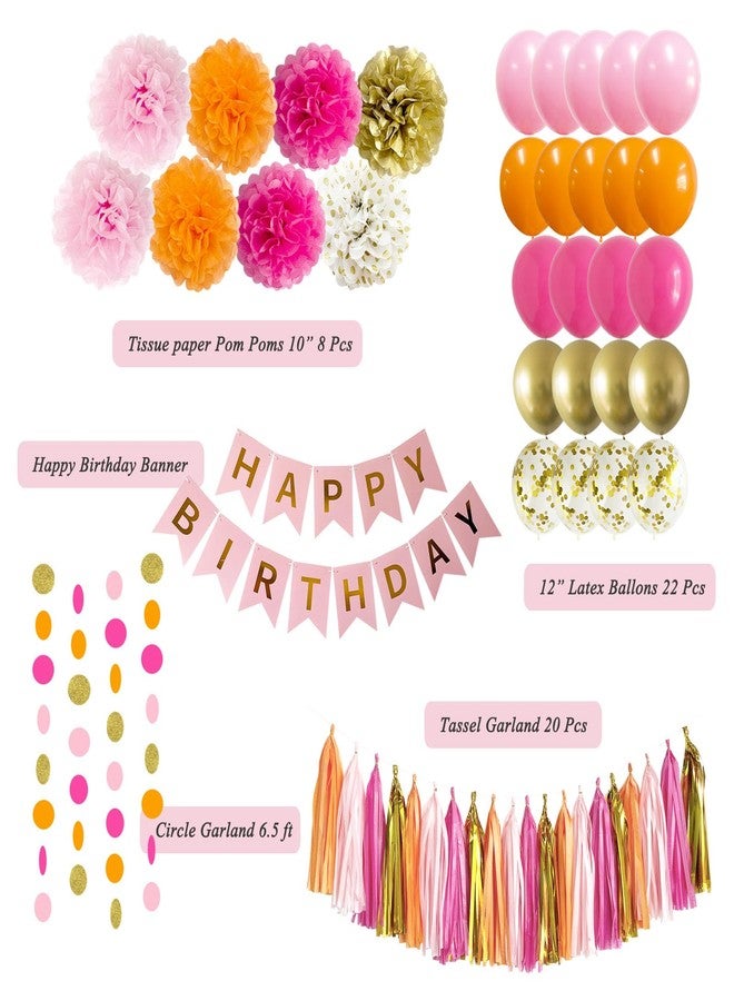 ANSOMO Pink and Orange Happy Birthday Party Decorations Hot Pink Gold Banner Balloons Décor Supplies Women Girls Teens Her Tassel Garland Tissue Pom Poms - Image 4