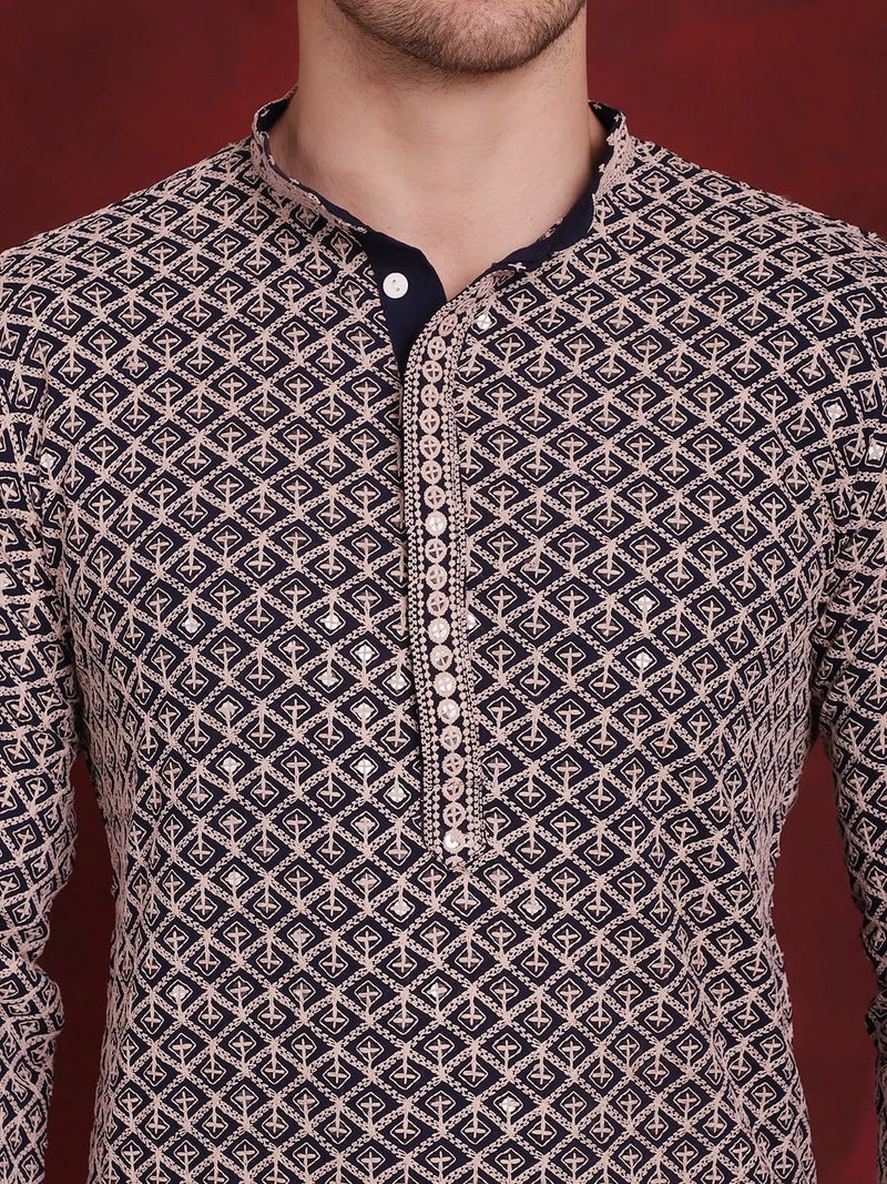 Jompers Men's Navy Sequin Embroidered Pure Cotton Kurtas (Navy, M) - Image 5