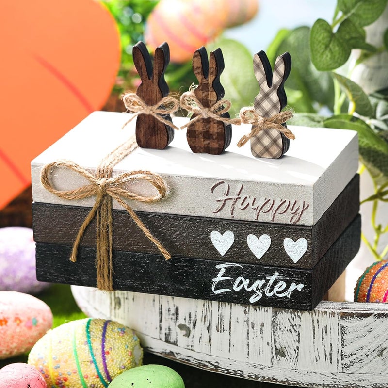 Spiareal 6 Pcs Easter Tiered Tray Decor Wooden Farmhouse Faux Stacked Books Easter Bunny Rabbit Decorative Table Centerpiece Block Signs for Party Home Kitchen Dining Table Decor - Image 4