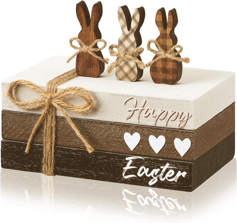 Spiareal 6 Pcs Easter Tiered Tray Decor Wooden Farmhouse Faux Stacked Books Easter Bunny Rabbit Decorative Table Centerpiece Block Signs for Party Home Kitchen Dining Table Decor - Image 1