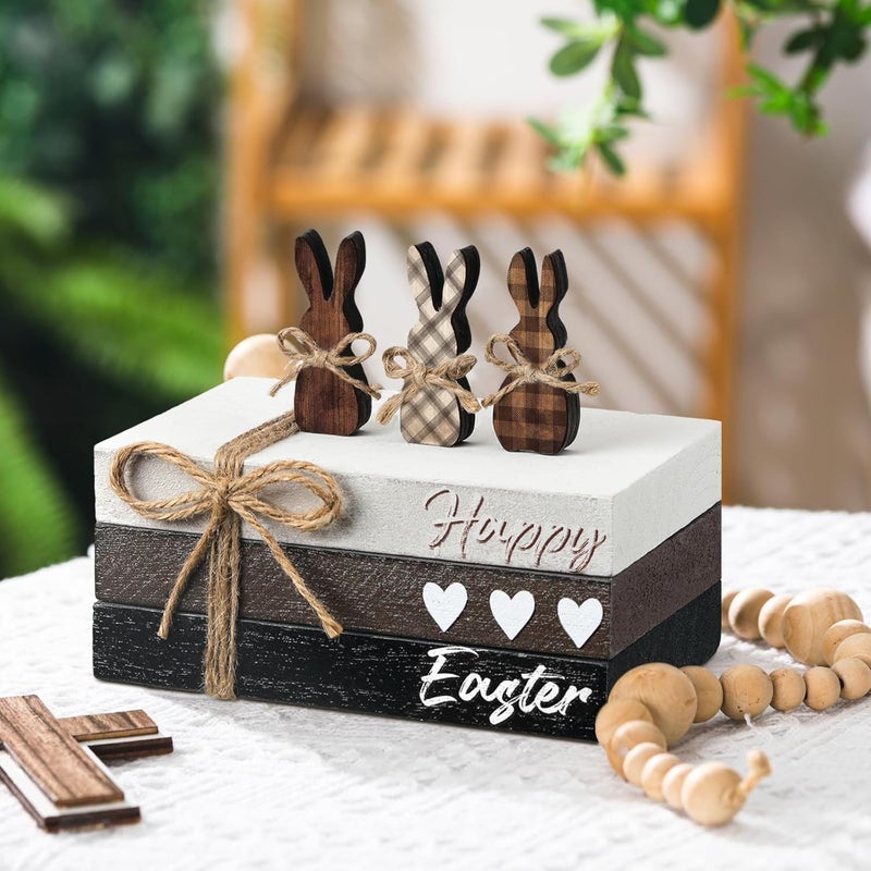 Spiareal 6 Pcs Easter Tiered Tray Decor Wooden Farmhouse Faux Stacked Books Easter Bunny Rabbit Decorative Table Centerpiece Block Signs for Party Home Kitchen Dining Table Decor - Image 2