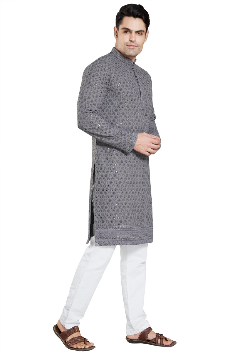 DIVISIVE Men's Sequince Embroidered Cotton Blend Only Kurta (DKRT3_L_Charcol Grey) - Image 3