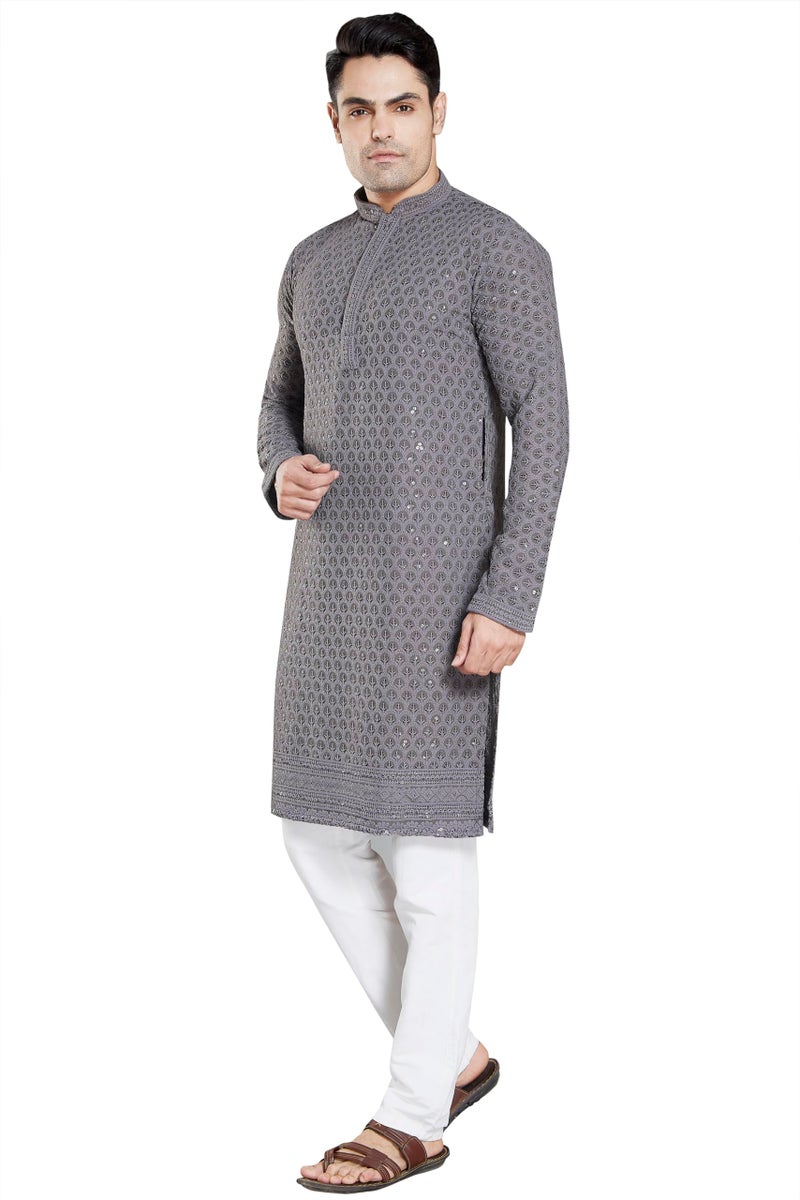 DIVISIVE Men's Sequince Embroidered Cotton Blend Only Kurta (DKRT3_L_Charcol Grey) - Image 4