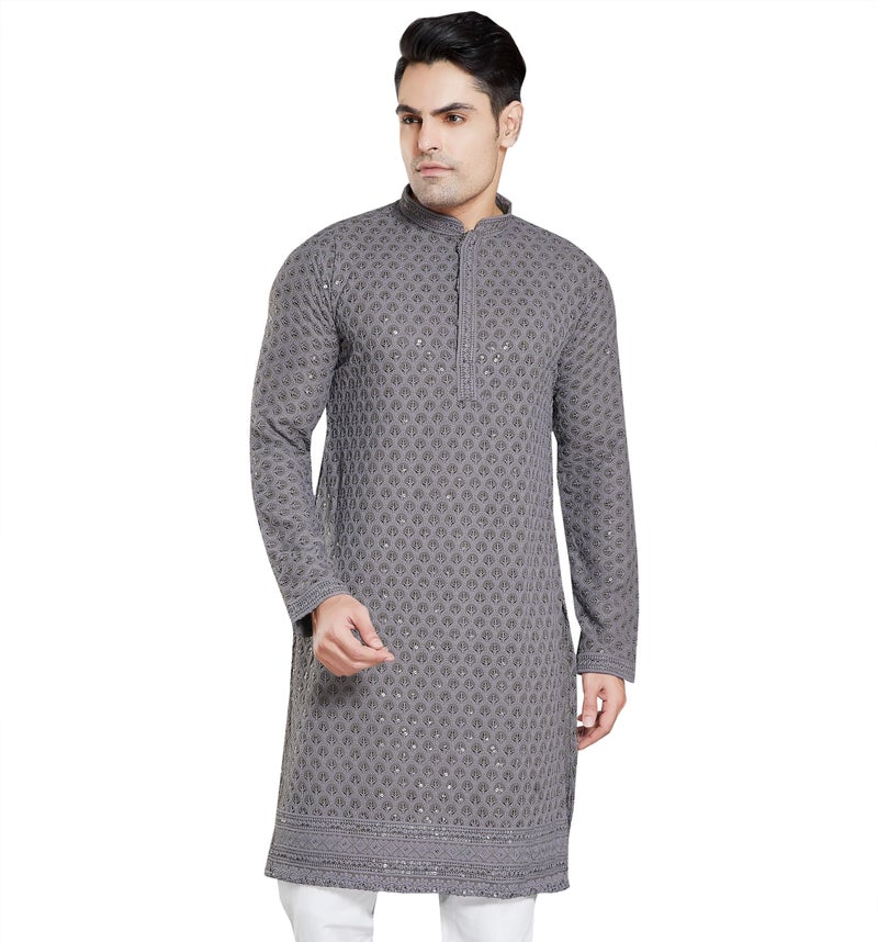 DIVISIVE Men's Sequince Embroidered Cotton Blend Only Kurta (DKRT3_L_Charcol Grey) - Image 1