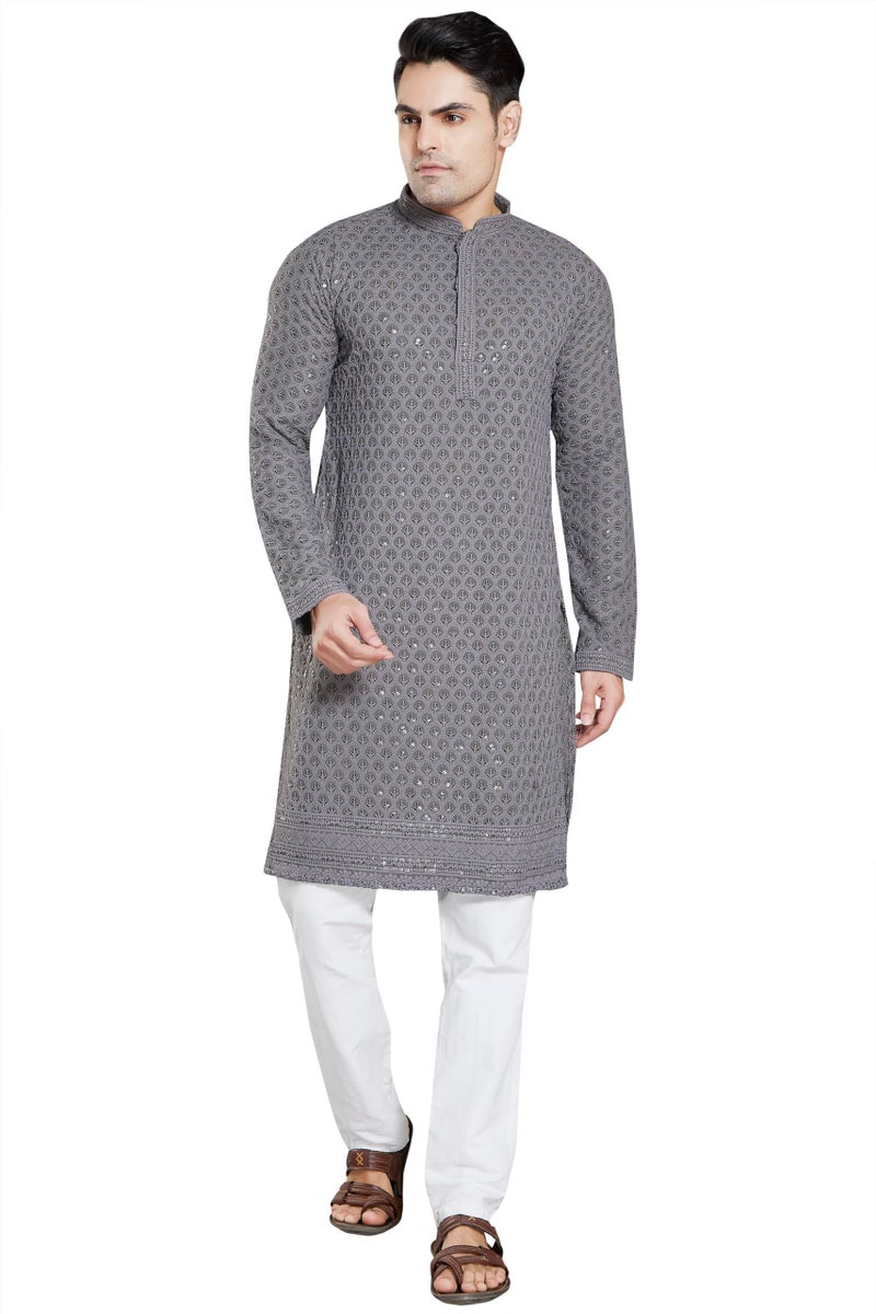 DIVISIVE Men's Sequince Embroidered Cotton Blend Only Kurta (DKRT3_L_Charcol Grey) - Image 2