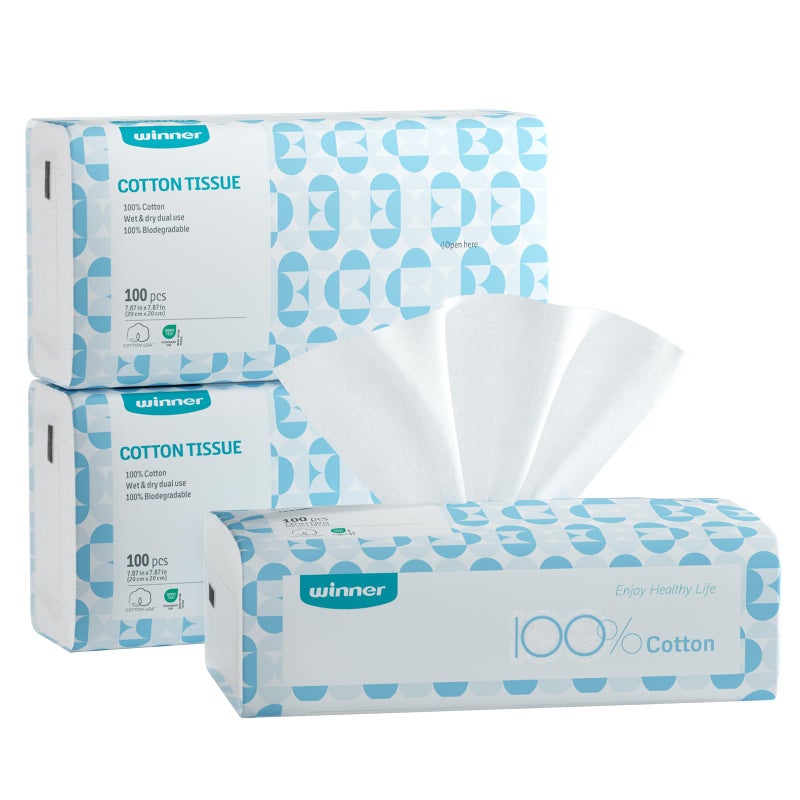 Winner Soft Face Towels, 100% USDA Biobased Facial Towels, Unscented for Sensitive Skin, OEKO-TEX Certified Face Towelettes Disposable, Makeup Remover Dry Wipes, 300 Count, Pack of 3 - Image 1