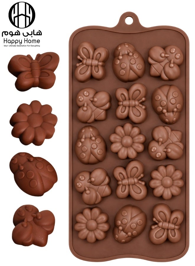 Happy Home Silicone Mold, 22 × 11 cm with 15 Cavities and Assorted Flower and Nature-Inspired Decorative Shapes, Flexible Reusable Mold for Chocolate, Candy, Jelly, Ice Cubes, Fudge, Frozen Yogurt, Cake Decorations, Cupcake Toppers and Party Treats – Brown
