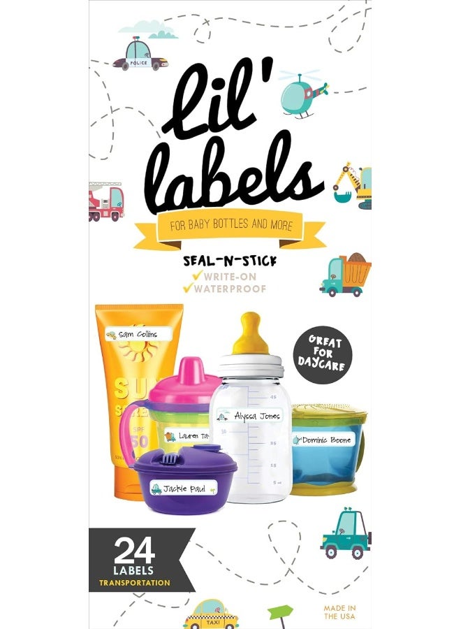 Lil' Labels ملصقات صغيرة (نقل) - زجاجة، كتابة، ذاتية الترقيم، مقاومة للماء لأسماء الأطفال لزجاجات الرضع، كوب الشرب لمدرسة الحضانة، آمنة في غسالة الصحون (نقل) للصبي أو الفتاة - Image 1
