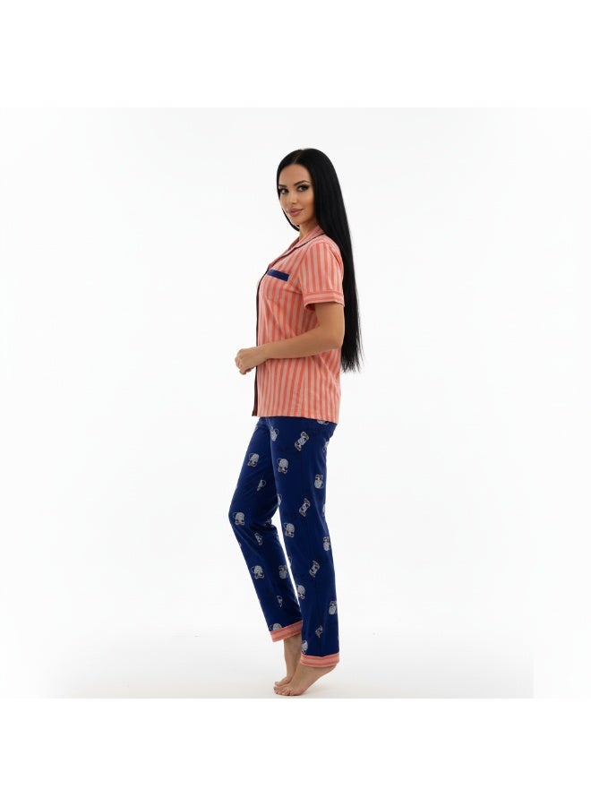 JOANNA طقم بيجاما نسائي بأزرار تصميم مخطط بأكمام قصيرة مع جيب وسروال طويل، وردي - Image 5