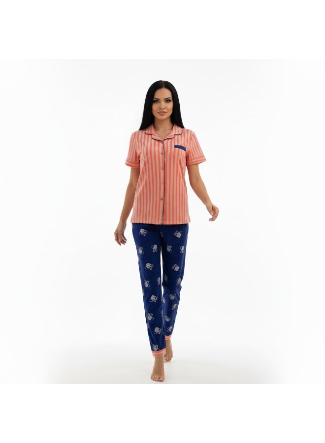 JOANNA طقم بيجاما نسائي بأزرار تصميم مخطط بأكمام قصيرة مع جيب وسروال طويل، وردي - Image 1