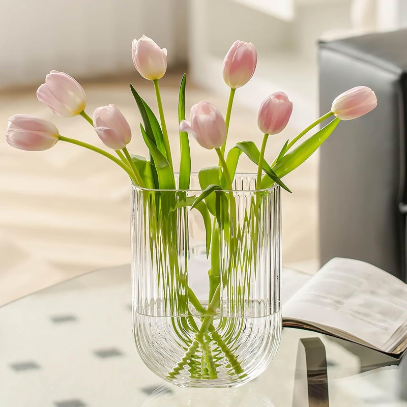 Clear Ribbed Glass Flower Vase 7 H Modern Small Vase Ellipse U Shaped Fluted Striped Decorative Vase Fit for Home Living Room Table Decor Open511 x 236
