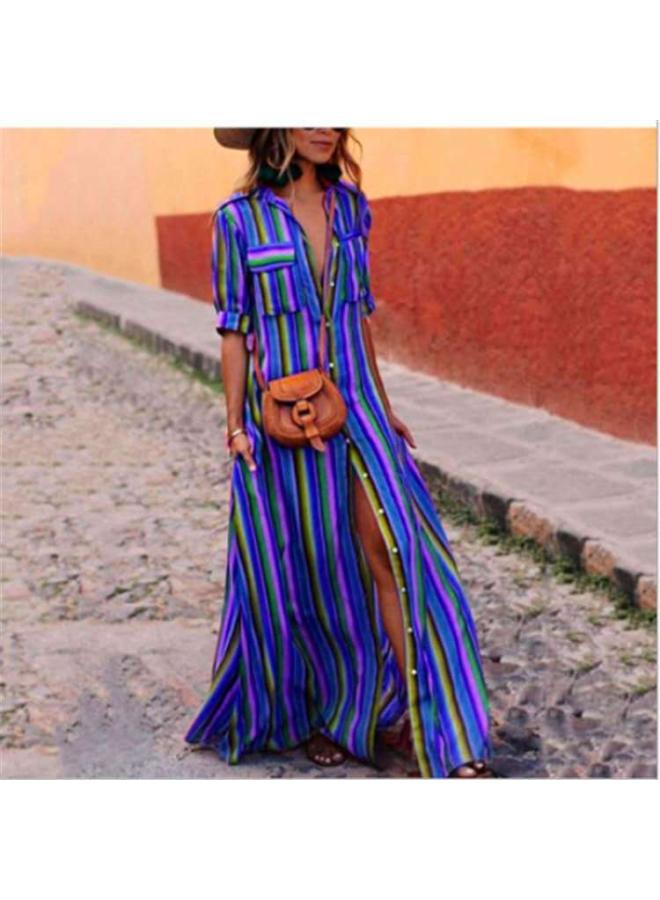 Women's Clothing Stripe Printed Stitching Short-sleeved Single-breasted Large Pendulum Dress