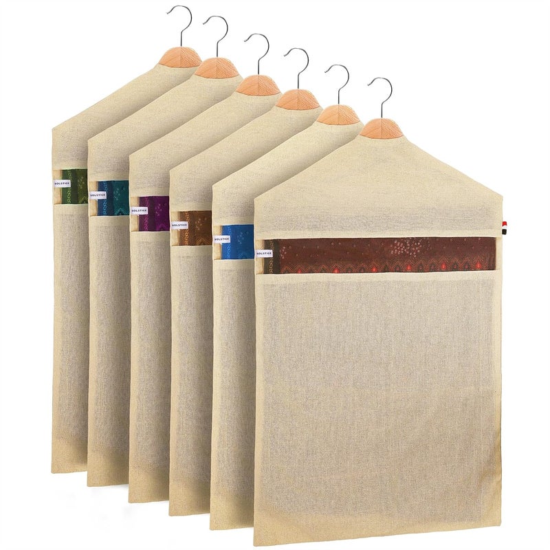 Solstice أكياس/أغطية ساري قطنية معلقة (مجموعة من 6) بحجم 30 × 18 (بوصة) لتخزين الملابس، منظم خزانة الملابس (الخطافات غير مشمولة) (جيب واحد - عبوة من 6)، بني - Image 1