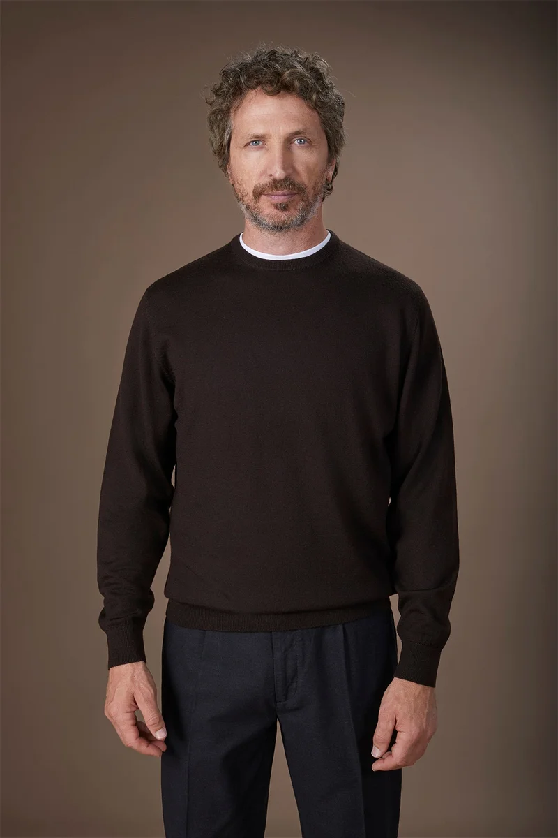 دوبل غانغر Men's regular fit crew neck jumper in 100% extra fine merino wool - DK Brown