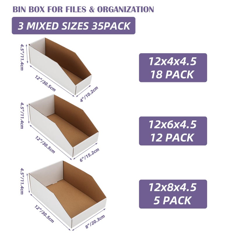 EXYGLO Cardboard Storage Bins Assorted Sizes, 35 Mixed Pack Cardboard Boxes,18 Pack 12x4x4.5, 12 Pack 12x6x4.5, 5 Pack 12x8x4.5 Corrugated Organizer Bins for Pantry, Shelves, Garage, Office, Shop - Image 2