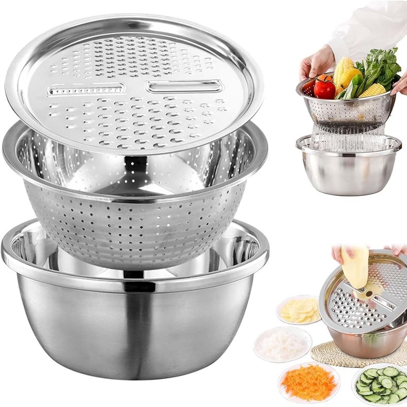 DqsWko Germany Multifunctional Stainless Steel BasinMultifunction Stainless Steel Basin with Grater 3 in 1 Vegetable Cutter for Kitchen Vegetable Slicer Grater Strainer and Drain Basket102 - Image 2