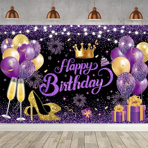 YinQin 180x120 cm Glitter Black Purple Golden Happy Birthday Party Photo Backgrounds Backdrops Cloth 71x47 inch Purple Gold Happy Birthday Sign Banner Bday Party Decorations Supplies for Women Girl - Image 1