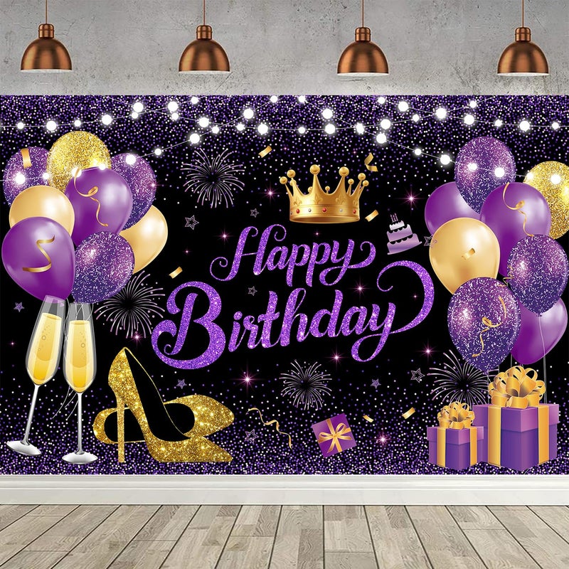 YinQin 180x120 cm Glitter Black Purple Golden Happy Birthday Party Photo Backgrounds Backdrops Cloth 71x47 inch Purple Gold Happy Birthday Sign Banner Bday Party Decorations Supplies for Women Girl - Image 2