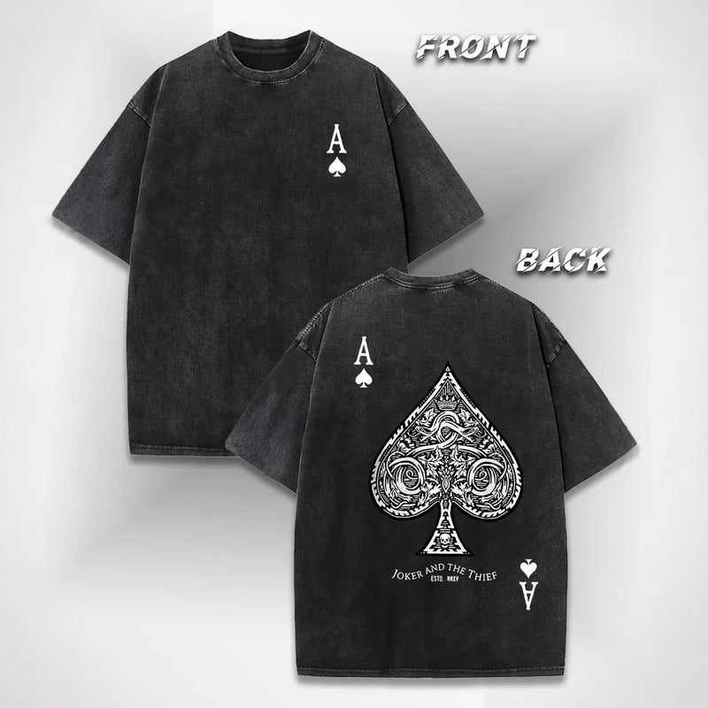Heavy Washed T-Shirt Cotton Short Sleeve Poker A Printed Round Neck Retro Distressed Top Clothes - Image 1