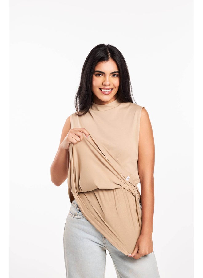 Breathe double layer long fit sleeveless basic t-shirt for women-Dark Beige