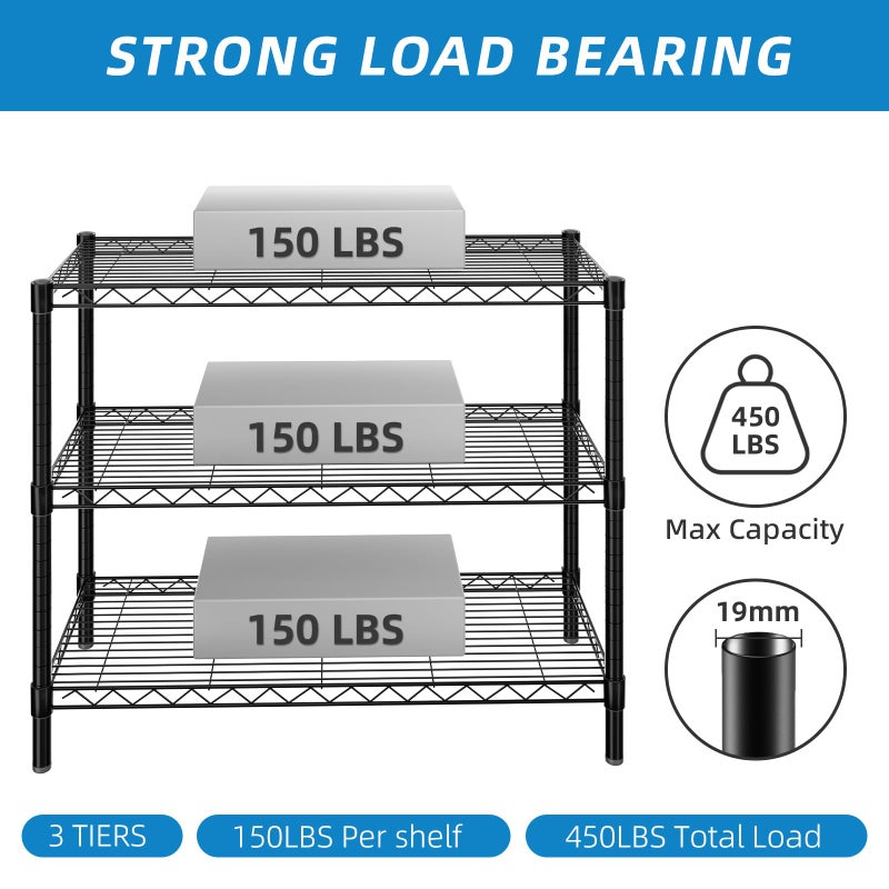 Guan River 3-Shelf Adjustable Metal Shelf Wire Shelving Unit Storage Rack Display Shelf for Office,Kitchen,Bedroom,Bathroom,Laundry,Pantry Basement,Garage(Black,36" L x 14" W x 30" H) - Image 2