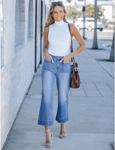 luvamia Wide Leg Jeans for Women Trendy High Waisted Flare Jeans Cropped Denim Pants Stretchy Baggy with Patch Pockets Women High Waisted Jeans Womans Pants Classic Blue Size Xx-Large Size 20 Size 22 - Image 5
