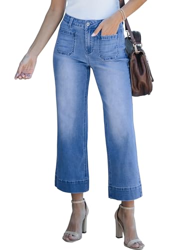 luvamia Wide Leg Jeans for Women Trendy High Waisted Flare Jeans Cropped Denim Pants Stretchy Baggy with Patch Pockets Women High Waisted Jeans Womans Pants Classic Blue Size Xx-Large Size 20 Size 22 - Image 1