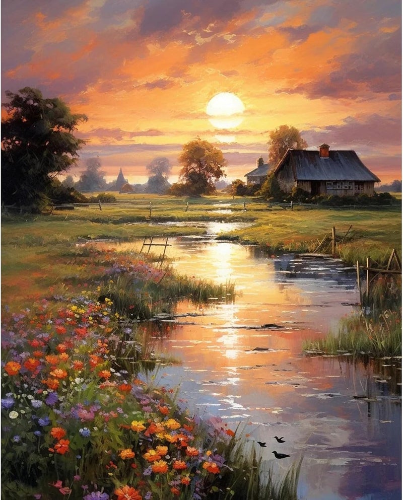 TREXEE Paint by Numbers Kit for Adults Beginner, Countryside Sunset Adult Paint by Number Kits on Canvas Without Frame, Riverside Cabin Oil Paint by Numbers for Home Decor Gift (50X40 CM)(without frame) - Image 1