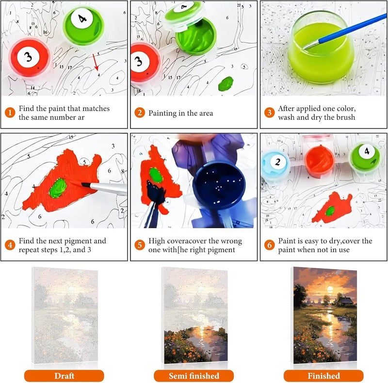 TREXEE Paint by Numbers Kit for Adults Beginner, Countryside Sunset Adult Paint by Number Kits on Canvas Without Frame, Riverside Cabin Oil Paint by Numbers for Home Decor Gift (50X40 CM)(without frame) - Image 3